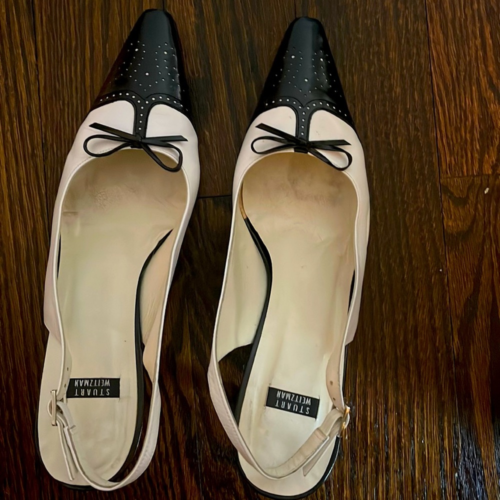 Stuart Weitzman leather kitten heels in black and white